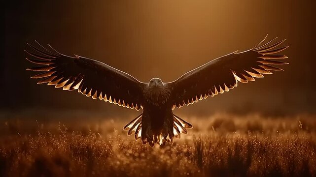 Eagle spreading wings wide in a field with backlight, capturing a majestic wildlife moment in nature