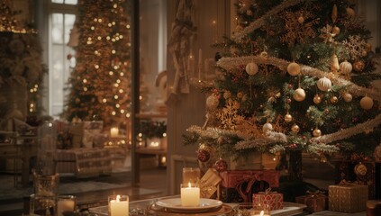 Stylish Christmas setup with gold accents candlelight and decorative trees for holiday festivities