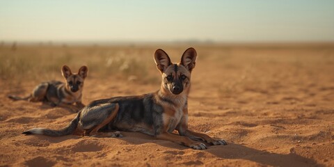 Black-backed jackals lying in Etosha park, Namibia, highlighting nocturnal predator activity