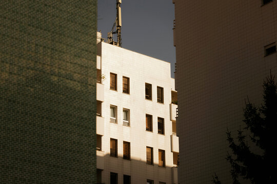 Urban architecture bathed in warm sunlight
