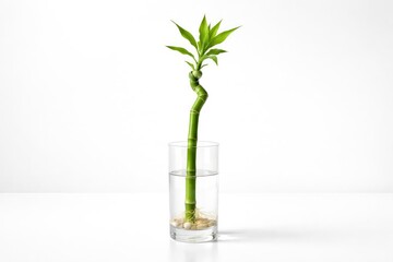 Simple glass vase with a bright green bamboo stalk on a smooth white backdrop
