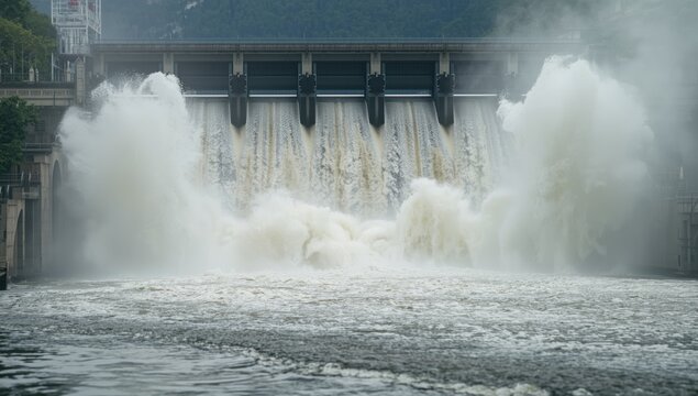River dam with spillway gates, focusing on infrastructure for water regulation