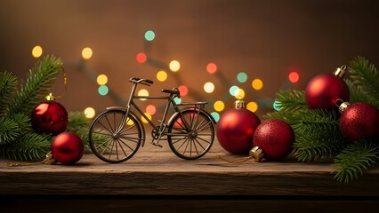 Vintage miniature bicycle with red christmas ornaments on wood. Nostalgic holiday decor and festive hobby. Toy bike surrounded by pine branches and glowing lights on table