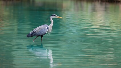 Wild pied heron in water, emphasizing bird's plumage and aquatic environment