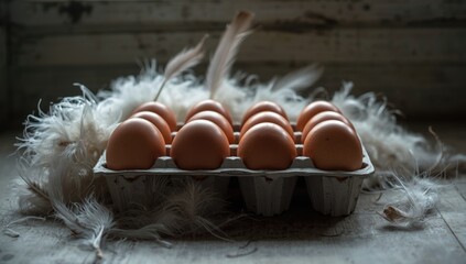 Egg carton holding brown chicken eggs against feather backdrop for kitchen organization, breakfast setting, World Egg Day