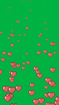 pixel art love heart shape particle coming from bottom going up and dissapear in green screen background, perfect for social media-