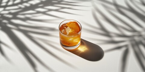 A whiskey sour in a rocks glass with shadows of palm leaves, highlighting a classic cocktail presentation, World Cocktail Day