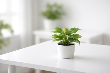 Fototapeta premium Contemporary white table holding a potted green plant amid a smooth blurred background