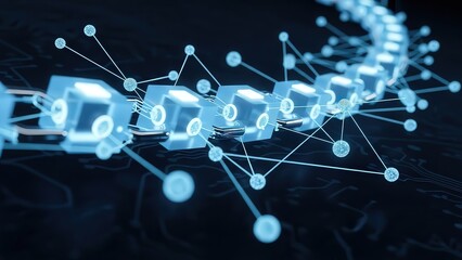 Digital Blockchain Network Concept with Glowing Blue Cubes and Connected Data Nodes