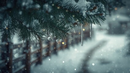 Detailed view of snow and ice melting on pine branches with water droplets, illustrating winter weather patterns, Earth Day