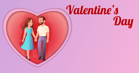 Romantic couple holding hands. Heart background. Valentine Day cards, posters, love-themed vector designs. Horizontal isolated vector illustration.