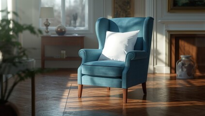 White pillow cover placed on vintage blue wingback chair used as a backdrop for personalized print products, textile setting