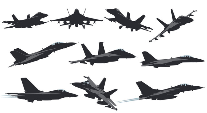 Extensive collection of military fighter jet silhouettes in various flight angles isolated on a clean white background.