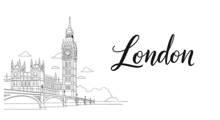Fototapeta premium Elegant black and white line art illustration of the London skyline featuring Big Ben with beautiful calligraphy typography.