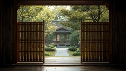 Naklejka premium Bamboo fence blocking access to a tranquil Zen garden, highlighting landscape preservation and privacy