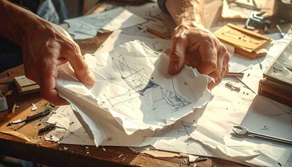 holding a crumpled sketch of an architectural or furniture design on a messy work desk, illuminated by natural light. The focus is on the creative process, technique, and craft.e