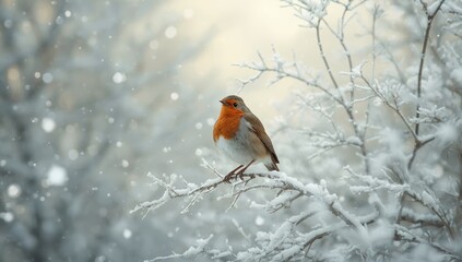 Bird species resting on a tree branch in a winter environment, highlighting avian adaptation to seasonal changes