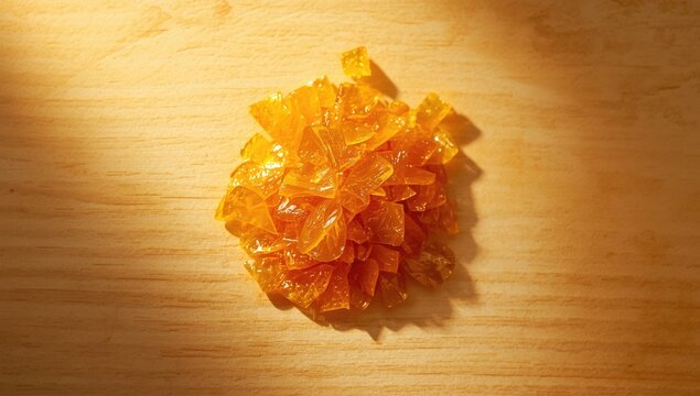 Shellac flakes, derived from lac insects, serve as a finish and food coating, highlighting manufacturing and application techniques