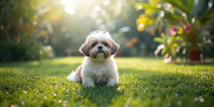 Young Shih Tzu puppy lying on a grassy patch under natural light, highlighting youthful innocence and companionship