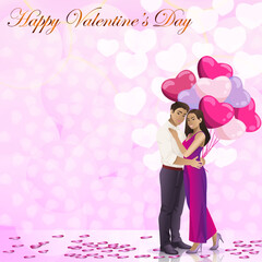 Romantic Asian couple with heart-shaped balloons on red background. Valentine Day design with copy space. Square vector illustration.