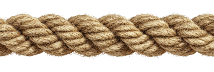 A close-up view of a thick, tightly twisted rope made of natural-colored, textured fibers