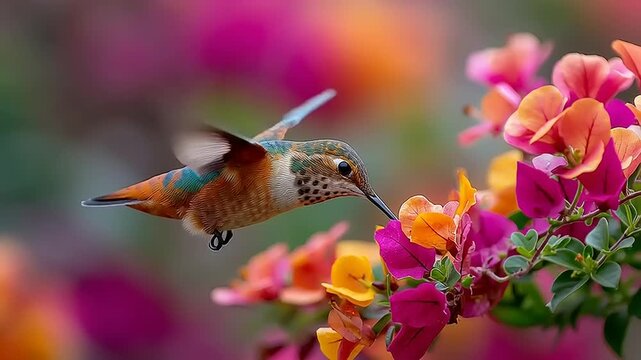 Hummingbird in flight sipping nectar from vibrant flowers in a lush garden