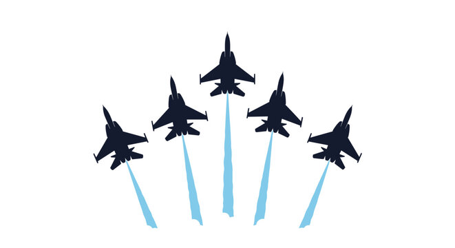 Five military fighter jets performing an aerobatic display with smoke trails in a symmetrical V-formation illustration.