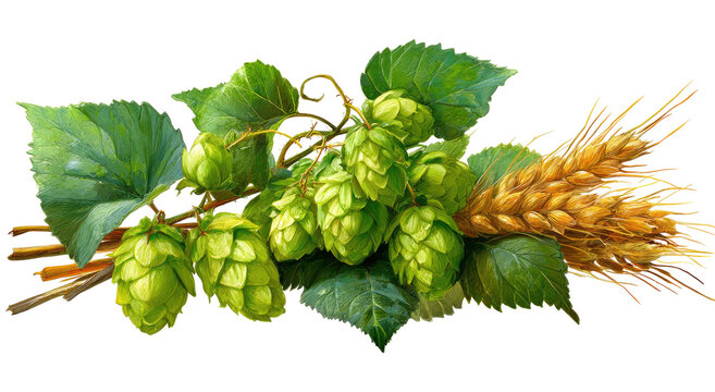 A vibrant illustration showcasing hops, barley, and leaves. Beer ingredient composition