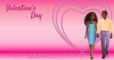 Loving couple with decorative hearts. Valentine Day cards, posters, love-themed vector designs. Horizontal isolated vector illustration.