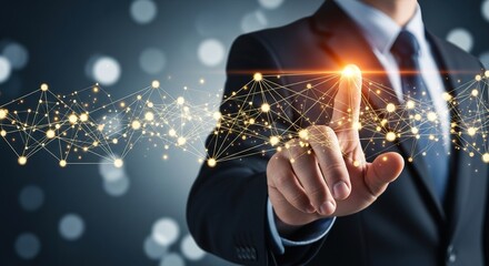 Businessman's hand touching a glowing digital network, representing technological innovation and global connectivity.