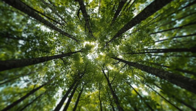 Close-up of treetops in a forest with blurred canopy, suitable for use in editorial header design
