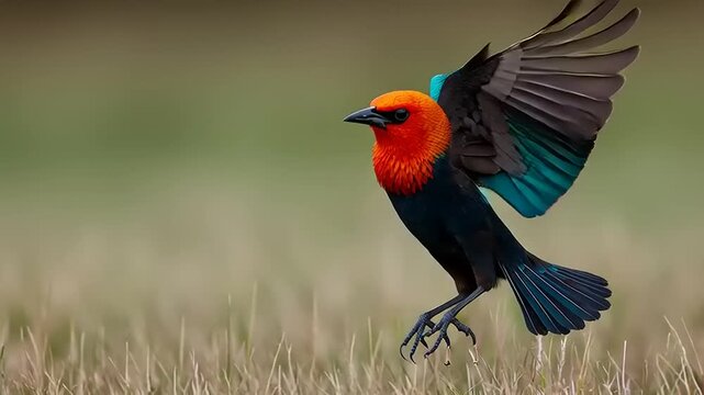 Orange-headed blackbird descends toward the ground with its wings fully extended in flight.
