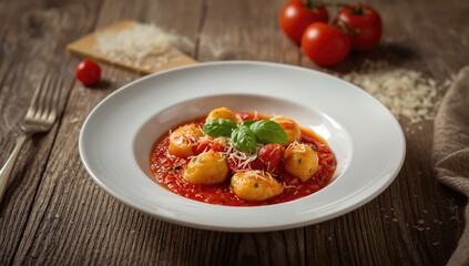 Fresh gnocchi with tomato sauce cheese and basil, highlighting culinary craftsmanship