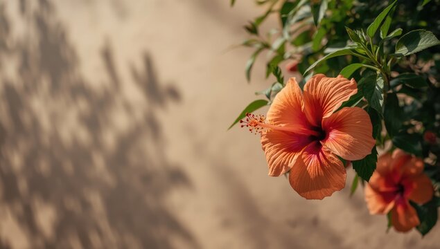 Vivid orange and pink hibiscus blooms in a lush garden, emphasizing tropical plant growth, World Environment Day