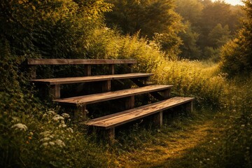 Rustic wooden bleachers placed among thick green shrubbery in a countryside scene