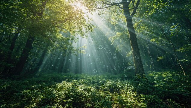 Recycling icons set against forest scenery, highlighting eco-friendly practices and digital interface use - Powered by Adobe