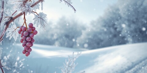 Obraz premium Frozen grape bunches on a vine after an early frost, seasonal change