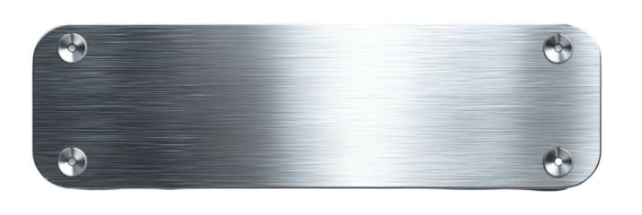 A rectangular metal plaque with rounded corners, secured by four silver rivets on a black background
