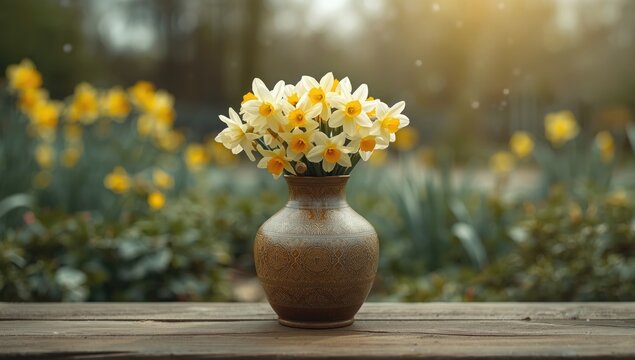 Garden setting with pottery and daffodils captured through double exposure, highlighting spring flora - Powered by Adobe