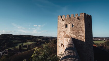 Fortified castle with battlements, highlighting defensive military construction