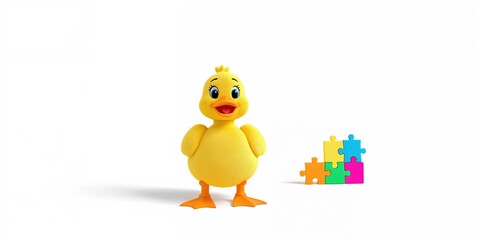 Yellow cartoon duck mascot on a white background with four colorful jigsaw puzzle pieces, background for educational activities