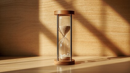 Contemporary hourglass placed on a wood background as a visual element for time tracking or design projects