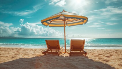 Seaside lounge setup with chairs and umbrella on a tropical island, suitable for leisure activities, Earth Day