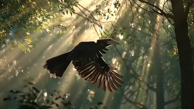 A hornbill bird flies through a lush rainforest with sunlight filtering through the trees