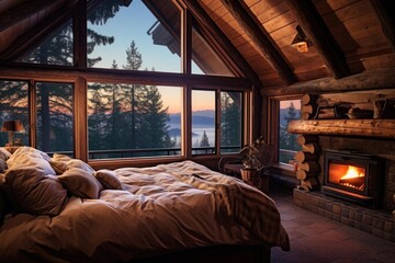 Fototapeta premium Cozy log cabin bedroom featuring a lit fireplace and expansive windows overlooking a sunset mountain forest