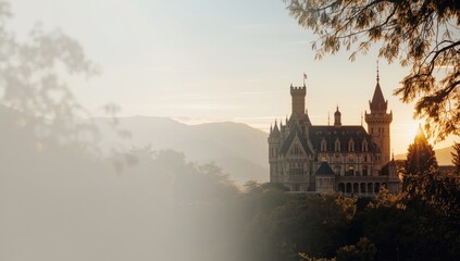 Naklejka premium Historic castle library with Gothic design elements, used as a background for architectural study materials