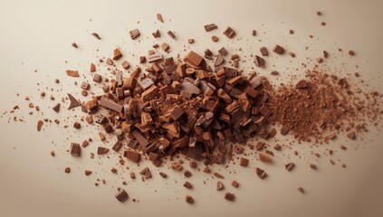 Chocolate pieces hovering with shavings and crumbs, suitable as a baking ingredient backdrop, National Dessert Day