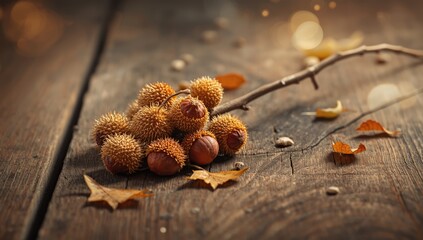 Collection of wild chestnuts and dry leaves on a twig against wooden surface, autumn-themed background