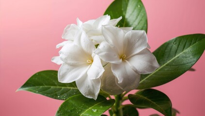 Naklejka premium White gardenia flowers with soft pink backdrop, used for botanical layout or floral decoration