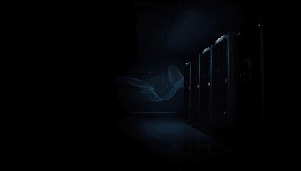 Server room illuminated by signal lights highlights data storage and maintenance procedures